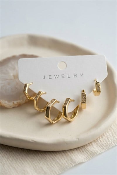 Petek Model Gold Renk Zirkon Taşlı Pirinç Kadın Küpe Seti