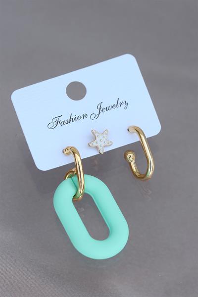 Trend Su Yeşili Renk Deniz Yıldızı Figürlü Küpe Seti