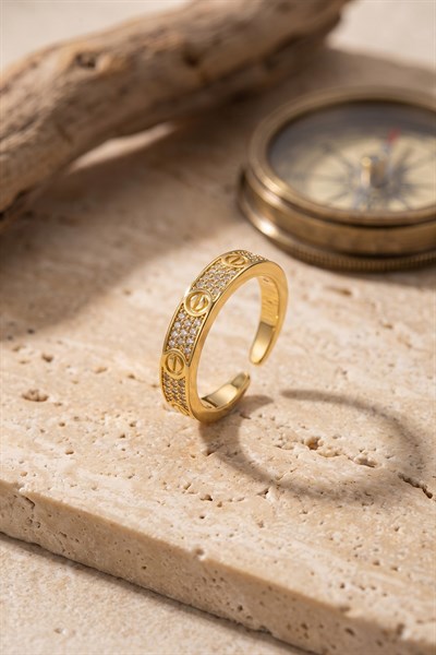 Vida ve Zirkon Taş Detaylı Gold Çelik Yüzük