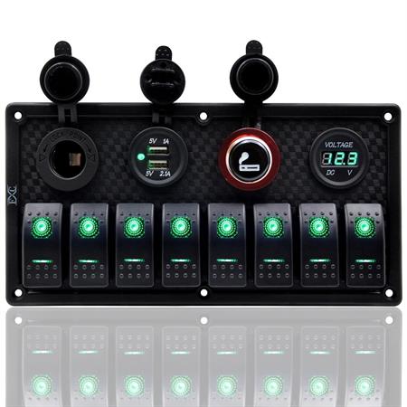 Bfy Switch Panel 8li +Usb+Plastik Çakmaklık+ Çakmak+ Voltmetre Yeşil