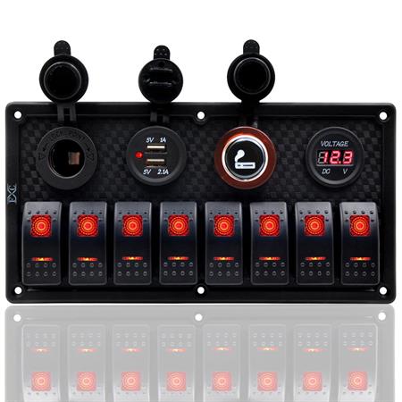 Bfy Switch Panel 8li +Usb+Plastik Çakmaklık+ Çakmak+ Voltmetre Kırmızı