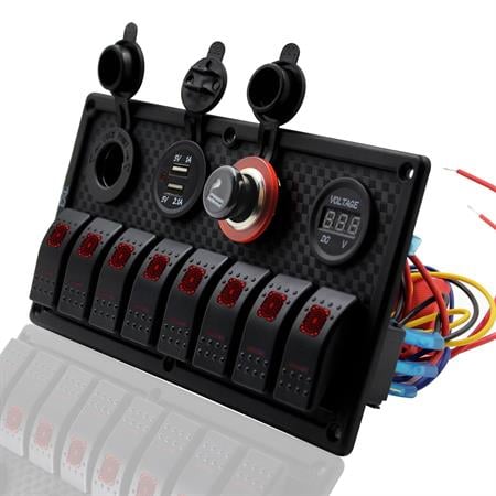 Bfy Switch Panel 8li +Usb+Plastik Çakmaklık+ Çakmak+ Voltmetre Kırmızı