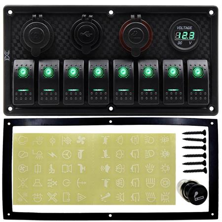 Bfy Switch Panel 8li +Usb+Plastik Çakmaklık+ Çakmak+ Voltmetre Yeşil