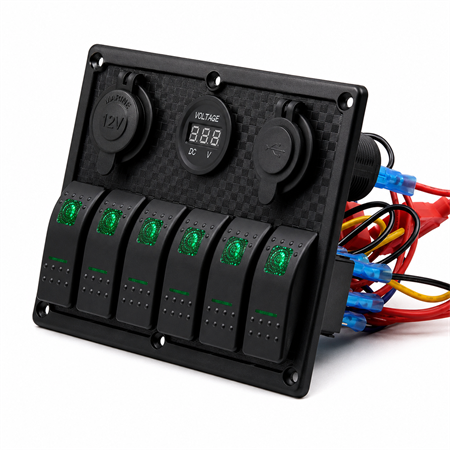 Labarka 6lı Switch Panel USB + Çakmaklık + Voltmetre Yeşil LEDli