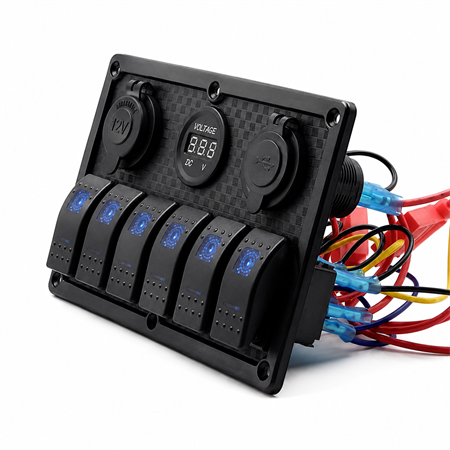 Labarka 6lı Switch Panel USB + Çakmaklık + Voltmetre Mavi LEDli
