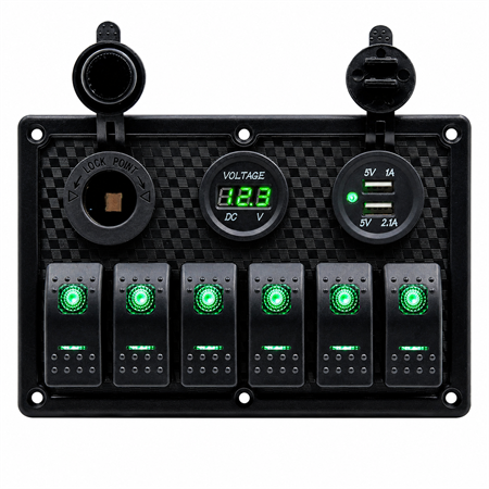 Labarka 6lı Switch Panel USB + Çakmaklık + Voltmetre Yeşil LEDli