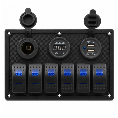 Labarka 6lı Switch Panel USB + Çakmaklık + Voltmetre Mavi LEDli