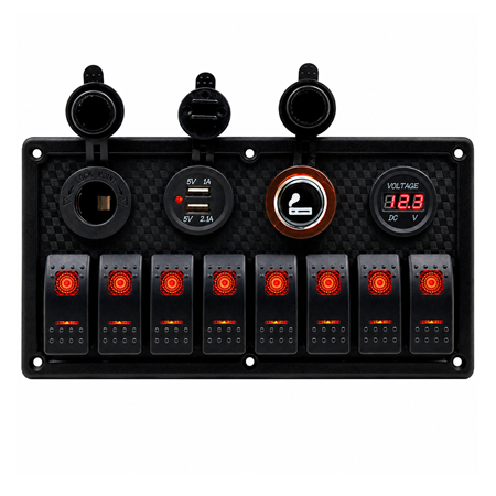 Labarka 8li Switch Panel USB + Çakmaklık + Voltmetre + Çakmak Kırmızı LEDli