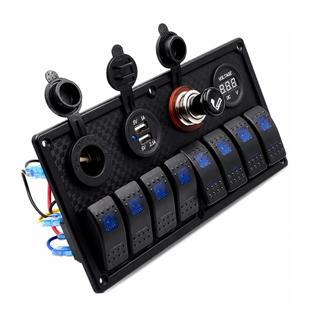 Labarka 8li Switch Panel USB + Çakmaklık + Voltmetre + Çakmak Mavi LEDli