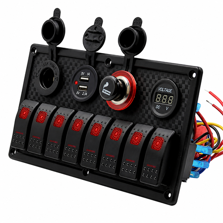 Labarka 8li Switch Panel USB + Çakmaklık + Voltmetre + Çakmak Kırmızı LEDli