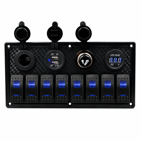 Labarka 8li Switch Panel USB + Çakmaklık + Voltmetre + Çakmak Mavi LEDli