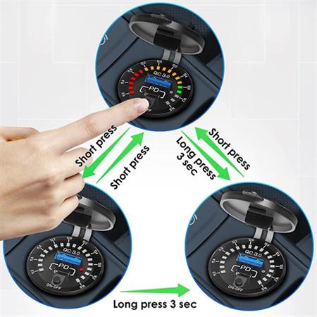 USB Hızlı Şarj Soketi Q3.0 +Type C +Led Voltmetreli Düğmeli