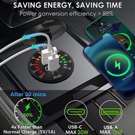 USB Hızlı Şarj Soketi Q3.0 +Type C +Led Voltmetreli Düğmeli