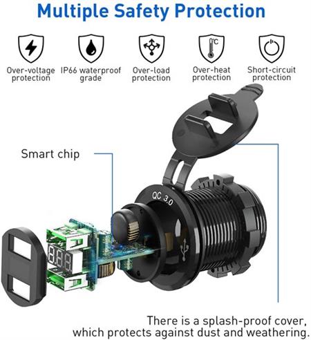 USB Hızlı Şarj Soketi Q3.0 + Voltmetre