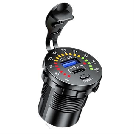 USB Hızlı Şarj Soketi Q3.0 +Type C +Led Voltmetreli Düğmeli