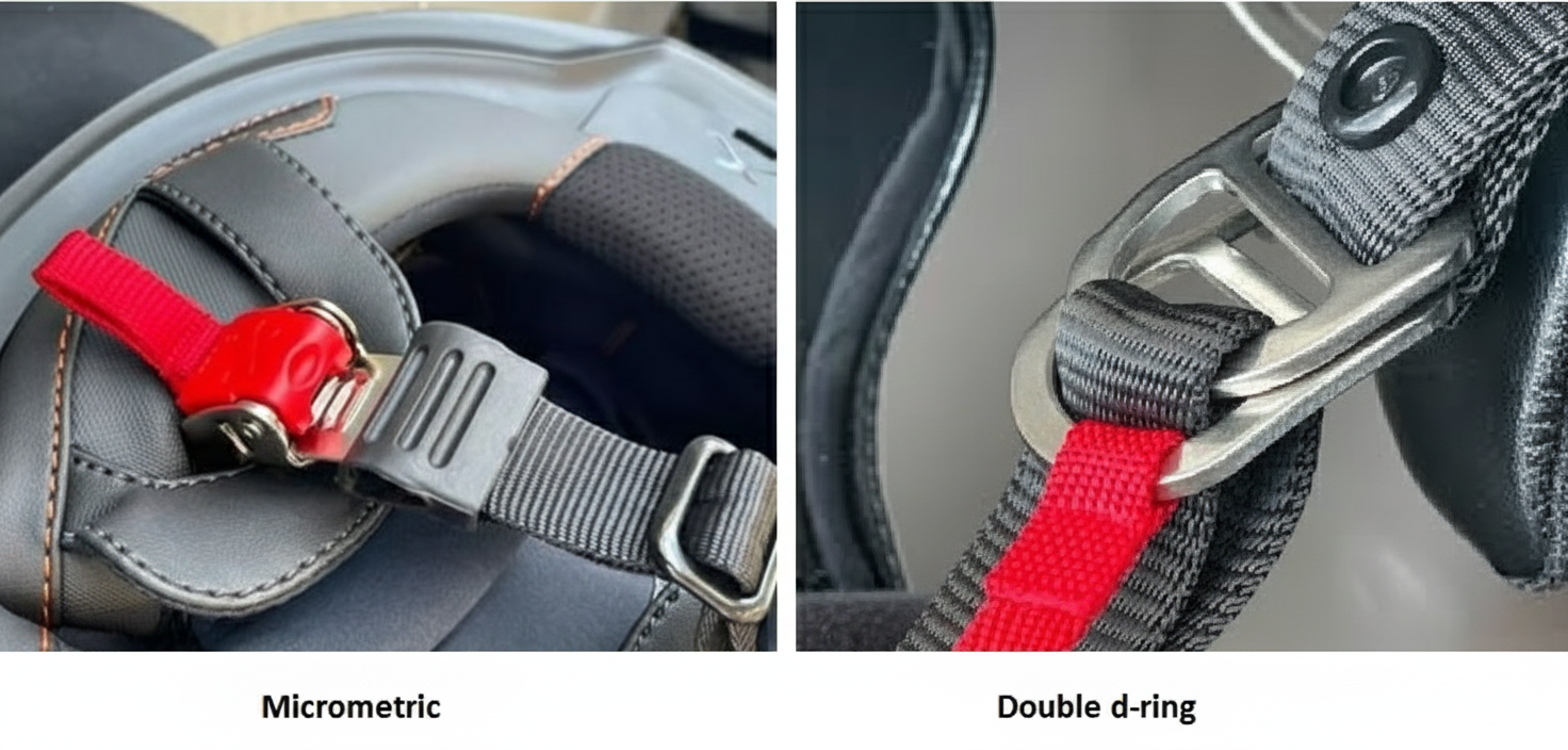 Motosiklet kaskı double d ring ve micrometric kilit bağlantı türleri karşılaştırması