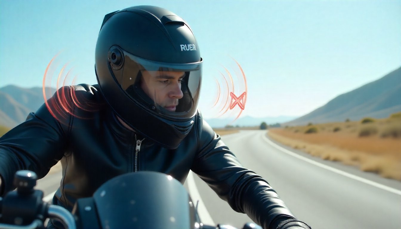 Yüksek hızda motosiklet sürerken aerodinamik Arai kask takan sürücü, rüzgar sesi azaltıcı tasarım ve sessiz sürüş konforu simgeleriyle