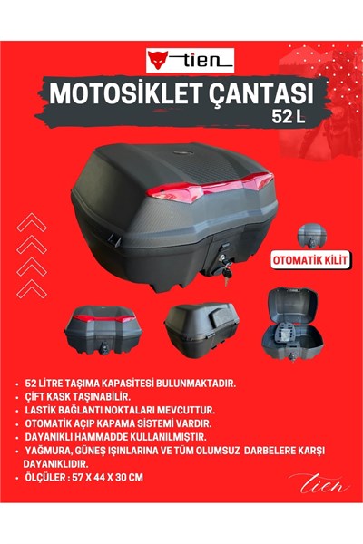 Tien 52 Litre Siyah Motosiklet Topcase Çanta (Çanta Üstü Metal Plakalı)
