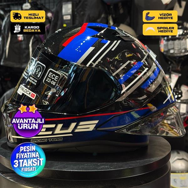 ZEUS KASK/ZS-826 PEARL BLACK BK15 BLUE + VİZÖR + SPOILER + PINLOCK HEDİYE