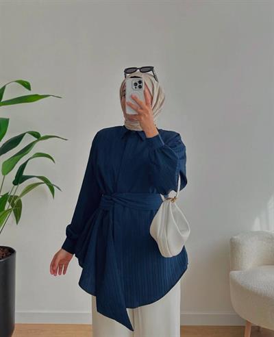 LACİVERT KUŞAKLI KADIN TUNİK