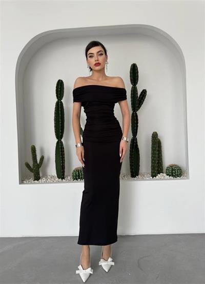 SİYAH MADONNA YAKA MİDİ KADIN ELBİSE