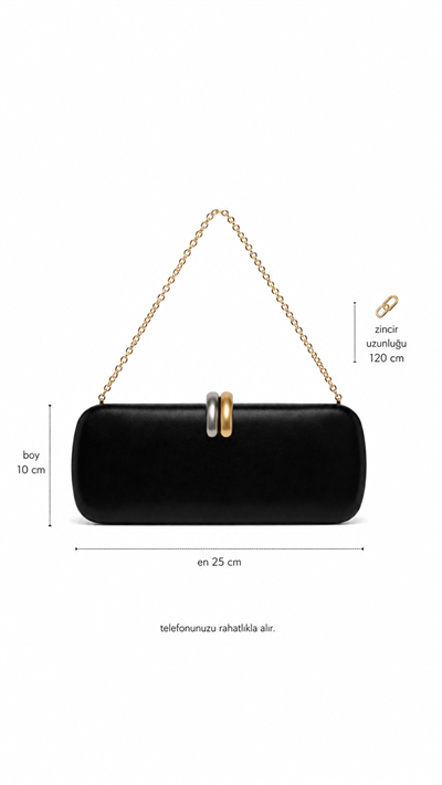 Lune Siyah Zincir Askılı Kutu Formlu Clutch Çanta
