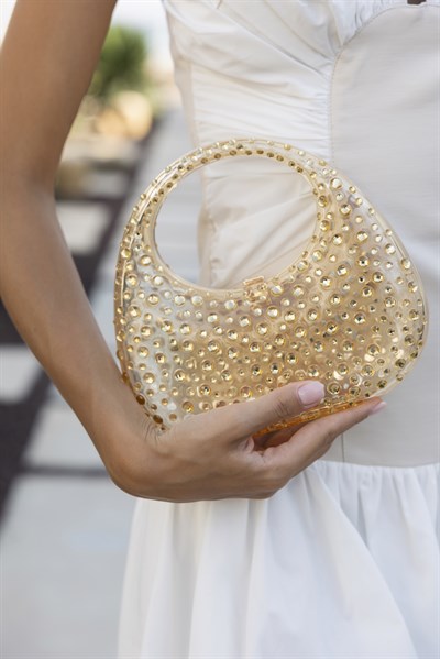 Taşlı Gold Kadın El Çantası – Davet & Gece | Hardcase Clutch