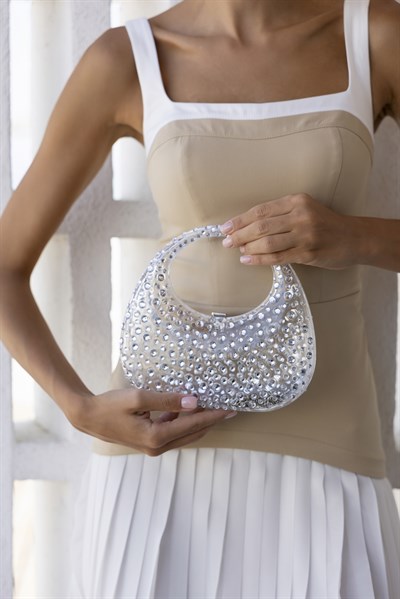 Taşlı Silver Kadın El Çantası – Davet & Gece | Hardcase Clutch