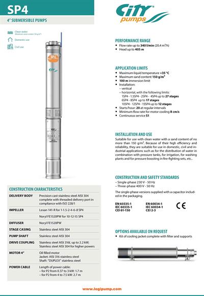  City Pumps 4SP75-4 /R Yüksek Debi 4 İnç Dalgıç Pompa Derin Kuyu İçin 5.5 kW - 405 mSS
