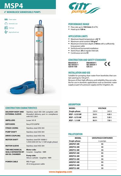  City Pumps 6MSP10-4M 4 İnç Dalgıç Pompa Kumlu Su Çekimi İçin 0.75 kW - 40 mSS