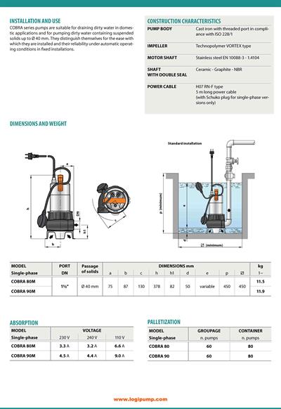  City Pumps COBRA 80M 40 mm Katı Geçişli Kirli Su Dalgıç Pompa Fosseptik İçin 0.50 kW - 9 mSS