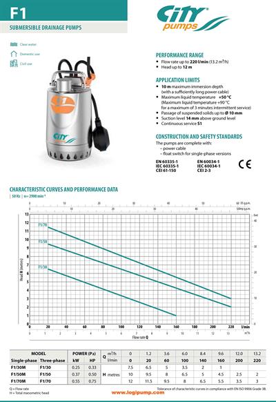  City Pumps F1/50 Paslanmaz Drenaj Pompası Temiz Su Tahliyesi İçin 0.37 kW - 10 mSS