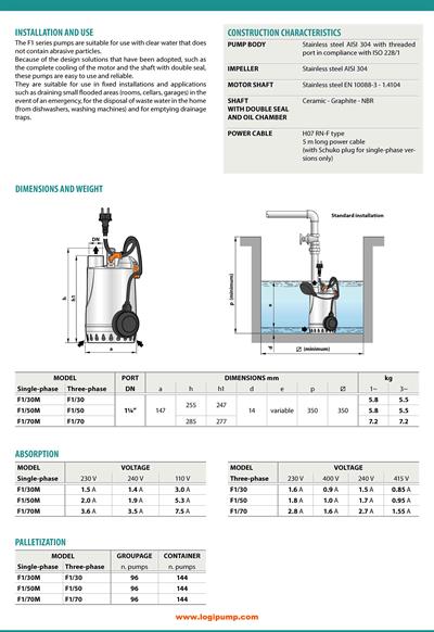 City Pumps F1/70 Paslanmaz Drenaj Pompası Temiz Su Tahliyesi İçin 0.55 kW - 12 mSS