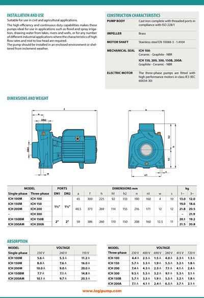  City Pumps ICH 100 Yüksek Debi Santrifüj Pompa Tarım Sulama Sistemleri İçin 0.75 kW - 21.2 mSS