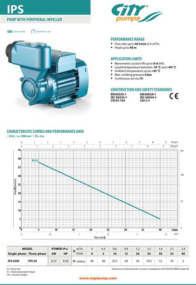  City Pumps IPS 05 Kendinden Emişli Periferik Pompa Hidrofor Sistemleri İçin 0.37 kW - 40 mSS