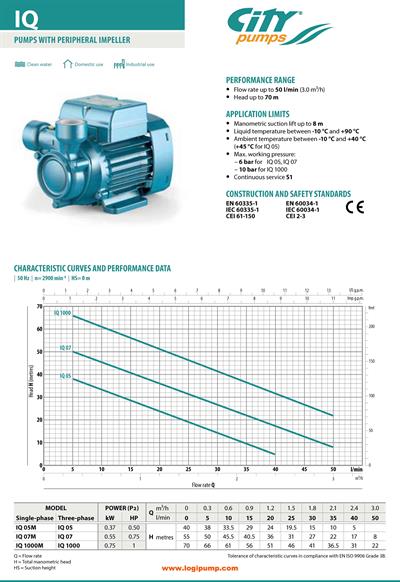  City Pumps IQ 1000 Yüksek Basınçlı Periferik Pompa Ev ve Endüstriyel Kullanım İçin 0.75 kW - 70 mSS