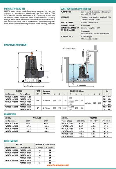  City Pumps PATROL 20/50 Yüksek Debi Fosseptik Dalgıç Pompa Büyük Tesisler İçin 1.5 kW - 18 mSS