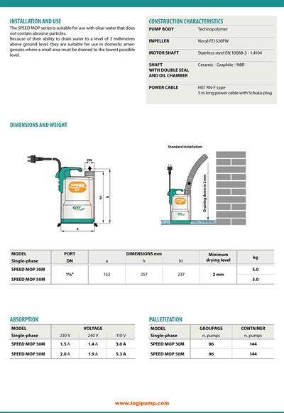  City Pumps SPEED MOP 50M 2 mm Seviyeye Kadar Drenaj Pompası Sel Tahliyesi İçin 0.37 kW - 9 mSS