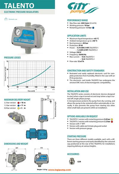  City Pumps TALENTO-2 HP Elektronik Basınç Şalteri Hidrofor Sistemleri İçin  kW -  mSS