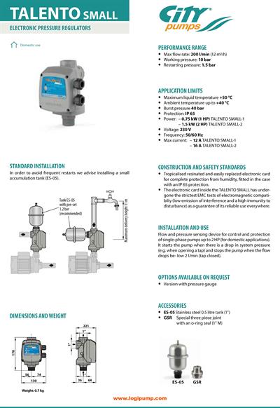  City Pumps TALENTO SMALL-1 HP Mini Basınç Şalteri Dar Alanlar İçin  kW -  mSS