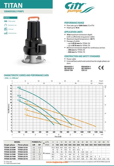  City Pumps TITAN 30/70 70 mm Katı Geçişli Büyük Pis Su Dalgıç Pompa Endüstriyel İçin 2.2 kW - 11 mSS