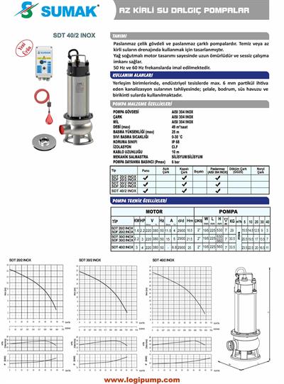 SDT 40/2 İNOX Paslanmaz Az Kirli Su Dalgıç Pompa | 3 kW - 380 V