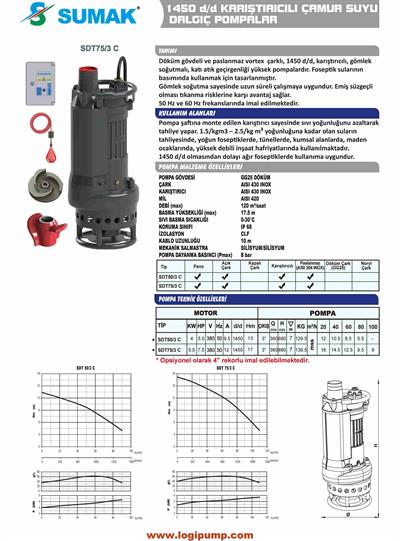 SDT75/3 C Çamur Suyu 1450 D/D Karıştırıcılı Dalgıç Pompa | 5.5 kW - 380 V