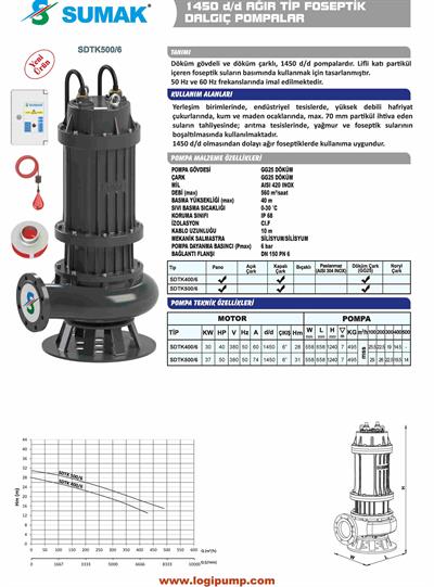 SDTK500/6 Kapalı Çark 1450 D/D Flanşlı Foseptik Dalgıç Pompa | 37 kW - 380 V