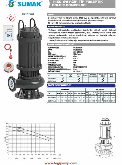 SDTK600/6 Kapalı Çark 1450 D/D Flanşlı Foseptik Dalgıç Pompa | 45 kW - 380 V