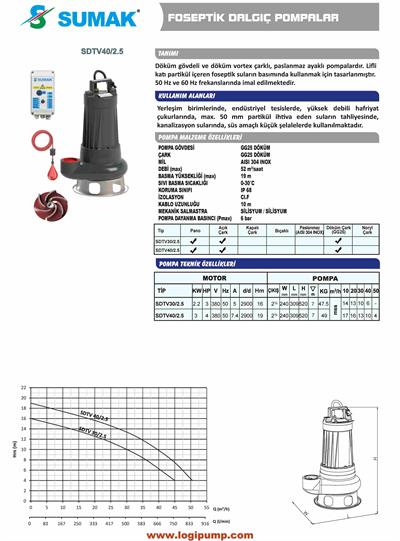 SDTV40/2.5 Paslanmaz Ayaklı Foseptik Dalgıç Pompa | 3 kW - 380 V