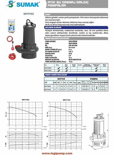 SDTV50/2 Döküm Vortex Çarklı Az Kirli Su Dalgıç Pompa | 4 kW - 380 V