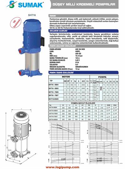 SUMAK SHT16-750/6 Noril Fanlı Dikey Kademeli Pompa | 5.5 kW - 380 V