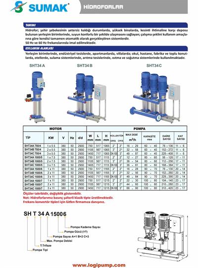 SUMAK SHT34B1500/6 Noril Fanlı 2 Pompalı Dik Hidrofor | 2x11 kW - 380 V