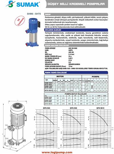 SUMAK SHT6-150/8 Noril Fanlı Dikey Kademeli Pompa | 1.1 kW - 380 V
